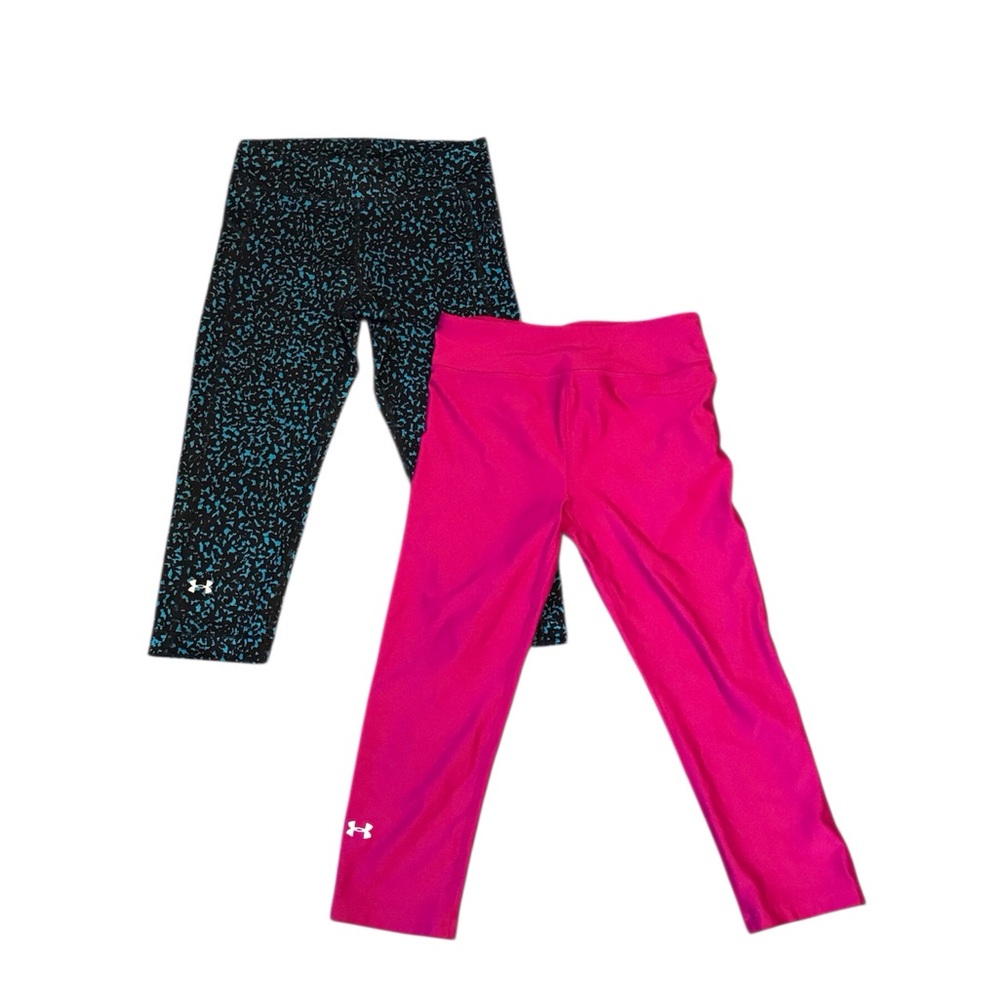 Women’s Under Armour Black/Blue and Pink Compression Capri Leggings Set. Size S.